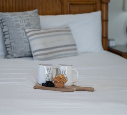 Calm bedroom retreat w/ soft linens and a clean, uncluttered feel.