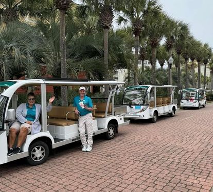Free beach tram right outside the house