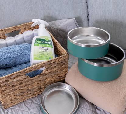 A dog convenience basket is provided with enzyme cleaner, towels and rags for sandy paws and quick cleanups, stainless steel food and water bowls, and pickup bags. Thoughtful extras make it easier to travel comfortably with your dog.