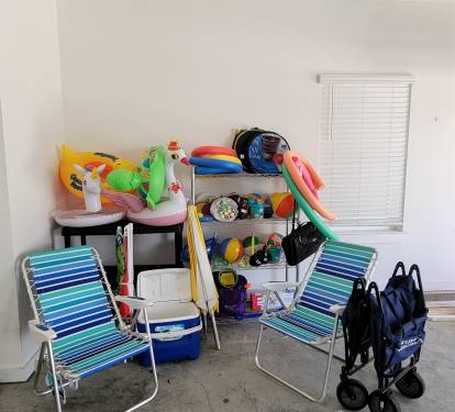 Beach Essentials such as chairs, umbrellas, cooler, wagon, floaties, and games/toys are available to make your beach trip an unforgettable one