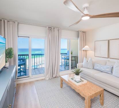 Living room with amazing views, blackout curtains, and memory foam queen sleeper sofa. 