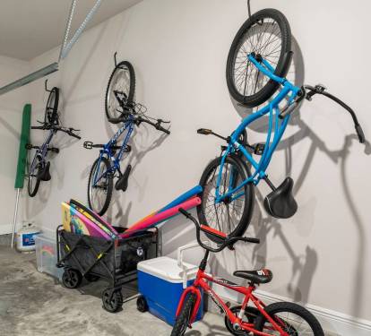 Spacious garage with bike for adults and kids