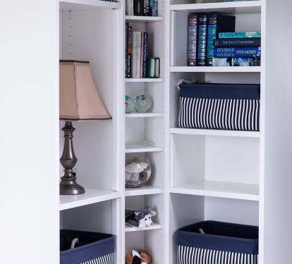 Keep clothing and personal items within easy reach in space-saving vertical shelving with storage baskets, making it simple to unpack, stay organized, and avoid living out of a suitcase during your stay.