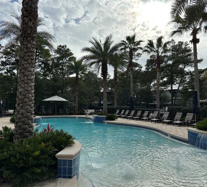 Resort-style pool just steps away through the stone path. Shared only with Creek Park at Magnolia homes, it features a zero-entry design perfect for kids and lounging under the palms. ??