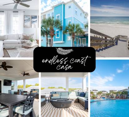 Home accommodates 16 people; has a 500sq ft  rooftop patio, and is minutes to the beach and pool