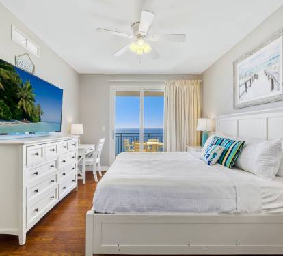 Wake up to the view of the ocean is this oceanfront master bedroom.  It also features a desk (with USB charging) for working remotely, if you really must work on vacation.