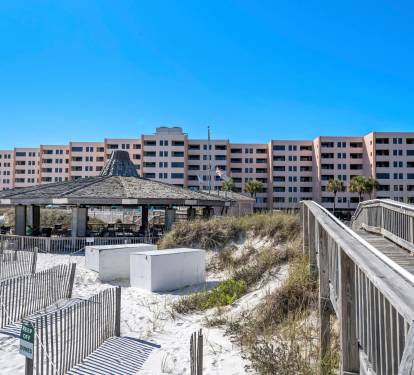 Wide view of the beachfront resort lined along the coast.