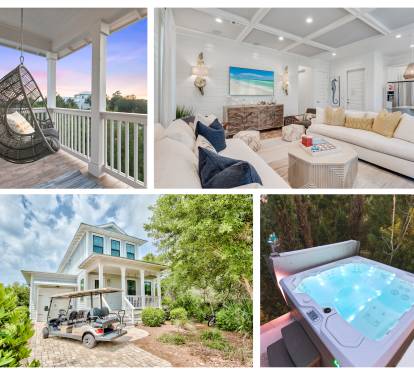 Blissful Stay 30A: Luxe 4BR/3BA Retreat, Private hot tub  6-seater Golf Cart, Multiple Outdoor Spaces, Heated Pool, 3 King, 1 Queen bed, 8 Full Size Bikes, FirePit