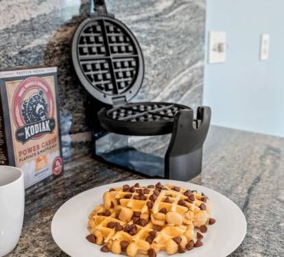 Vacation mornings start here. The waffle maker is ready and yes, they're really good waffles.