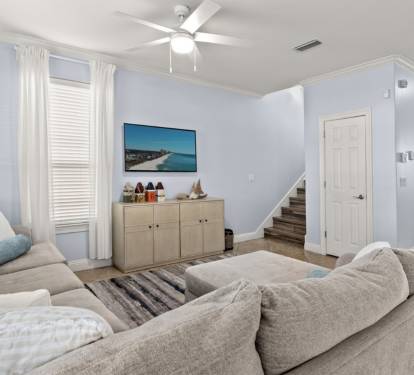 Smart TV, comfy sectional, vacation mode on.