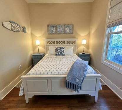 First floor Bedroom #3 QUEEN bed sleeps 2, has adjacent bath. 