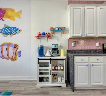 Coffee bar: Iced coffee, keurig, drip, french press, electric kettle, pour over, nespresso, frother, grinder, and a variety of syrups (starter pack of 10 k-cups included)