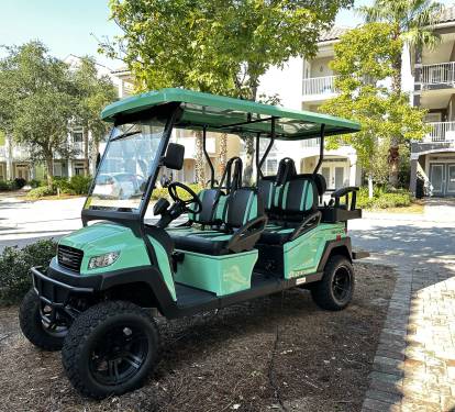Enhance your stay! Rent our lifted 6-seater electric golf cart with LED underglow lights, Bluetooth speakers, larger tires, and a 30-mile lithium battery range—Send us a message for seasonal pricing or weekly discounts!