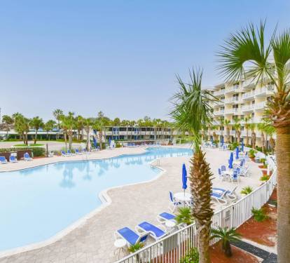 Expansive pool area surrounded by palms, perfect for sunny afternoons.