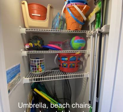 Beach toys, beach cart, beach chairs, umbrella, huge net, and more for our guests!