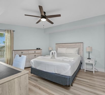 2nd Bedroom with Desk and extra monitor for remote work.