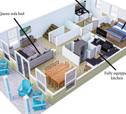 our first floor at a glance — open living, full kitchen, king bedroom, and patio.