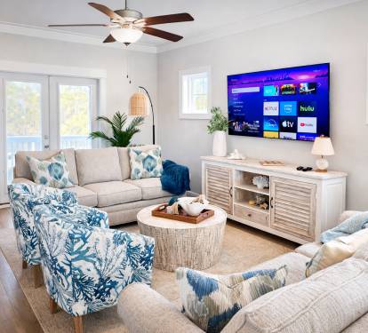 Gather together with the whole family at the end of the day and watch your favorite shows on the 75” Samsung TV with Roku to stream all your favorites. (Shown before being painted).