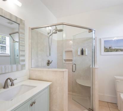 Primary bathroom with makeup counter
