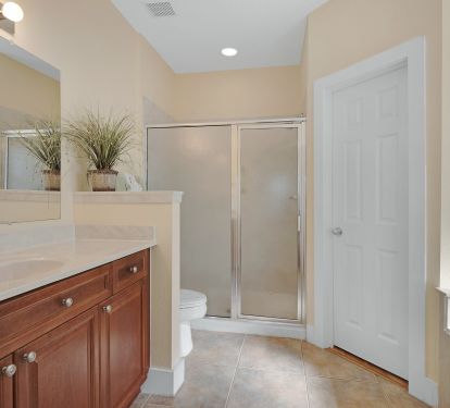master bath has dual sinks and separate shower