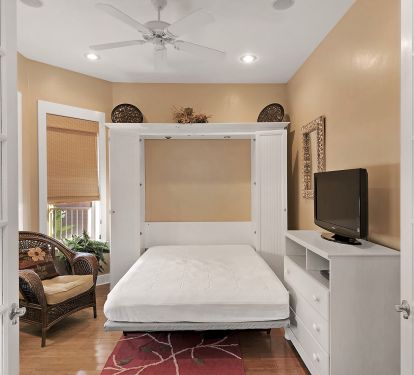 A view of the murphy bed opened