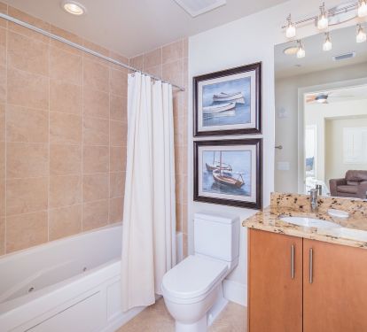 Attached bath for guest bedroom with jacuzzi tub/shower combo