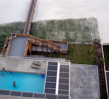 View from Above of the Pool,  Sun Deck, and Boardwalk to the beach