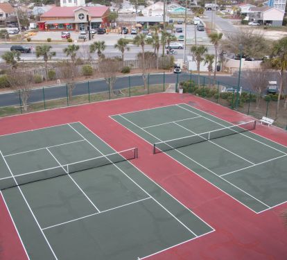 Tennis Courts, shuffle board, basketball hoop, sand volleyball, and other activities