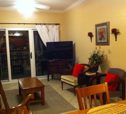 The living room features plenty of seating and a flat screen TV with a DVD library