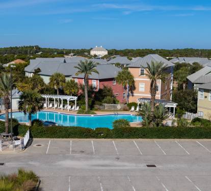 ariel view of our pool and cottages