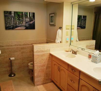 Attached Private Master Bath room with a Jacuzzi tub/shower combo with stone walls, Large Vaniety with 2 sinks, All Linens are supplied.
