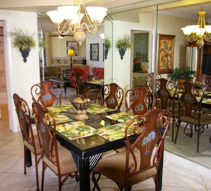 Dining area is adjacent to the Living Room, Enjoy this unigue dining table and chairs. 