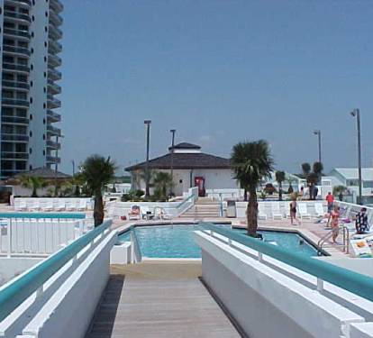 View back to building and pool from skybridge.