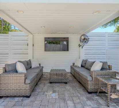 Covered patio to escape the sun or catch the game poolside