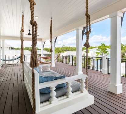 Third floor swing, corn hole, and hammocks