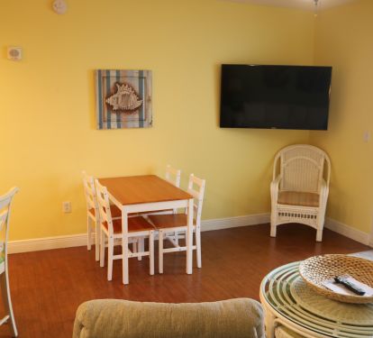 Living Area with Large Wall Mounted and Dining Table
