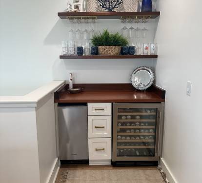 Wet bar with drink cooler and ice maker