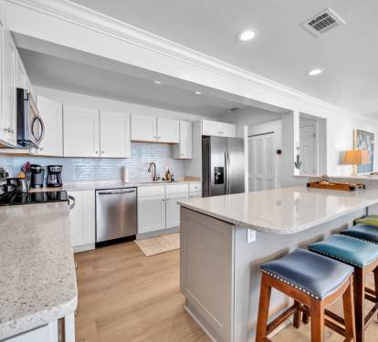 Seating available at kitchen counter which is made partially from crushed shells