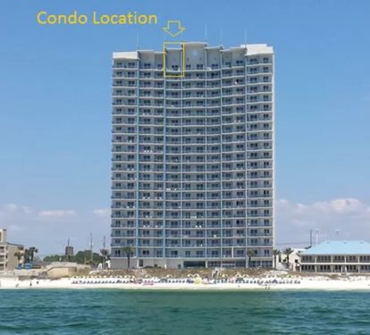 View from beach showing condo is on the top floor for magnificent views!