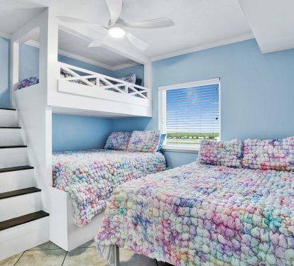 Brand new bunk room with 2 queen beds and one twin with a private bath &amp; 2 sinks