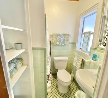 Bath with Small stand-up Shower &amp; Pedestal Sink Additional Outdoor Shower w/ Hot &amp; Cold water