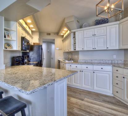Kitchen, new painted cabinets, flooring, light fixtures &amp; quartz counter tops!