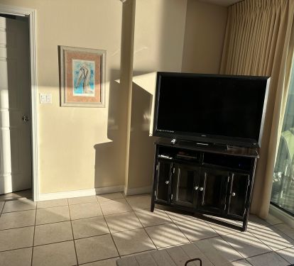 Living room view with large screen TV