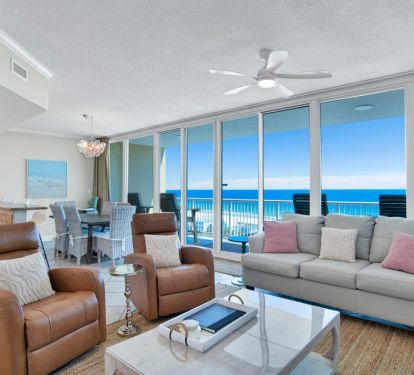 Living area with queen sleeper sofa, another sofa &amp; two leather swivel, rocker recliners. 