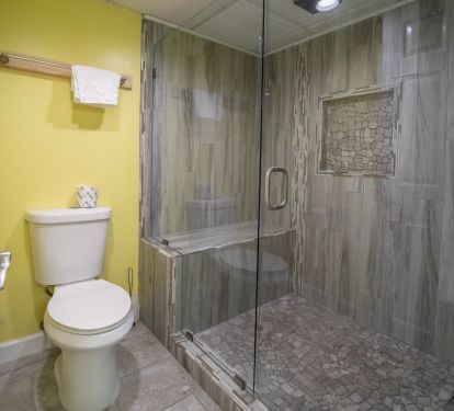 Master King Bedroom walk in shower with two shower heads.  Spa like. New!