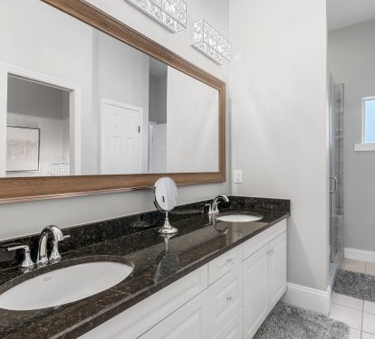 Master en suite bathroom, twin vanity, walk-in shower, accessible from Liv Rm