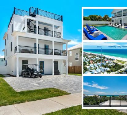 Vista-1 Just listed! brand new (2023 build) designer 8 bedroom ocean view home with a massive 4th floor ocean view rooftop deck, private pool, free golf cart and elevator. Sleeps 19 (not including sofas). Only 351 feet to Destin&rsquo;s famous beach!