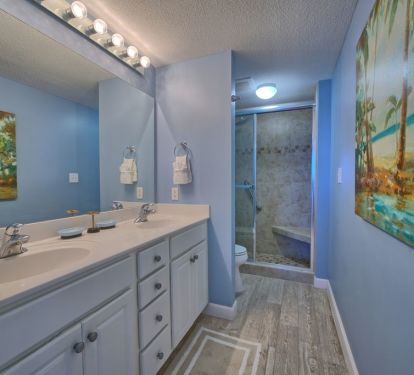 Private master bath with walk in tile shower.