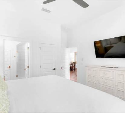 Bliss-17 1st Floor. Bedroom 1. Picture 2. King suite with private full bath with frameless glass walk-in shower.