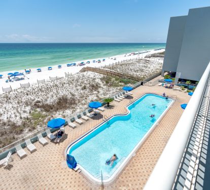 View of the condo pool, dunes, and beach from your own PRIVATE balcony!
